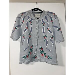 VTG Susan Bristol Cottagecore Floral Crochet Knit Cardigan Short Sleeve Medium